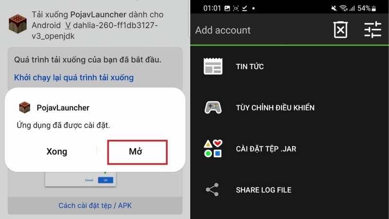 Bấm "Mở" để khởi động Pojavlauncher APK