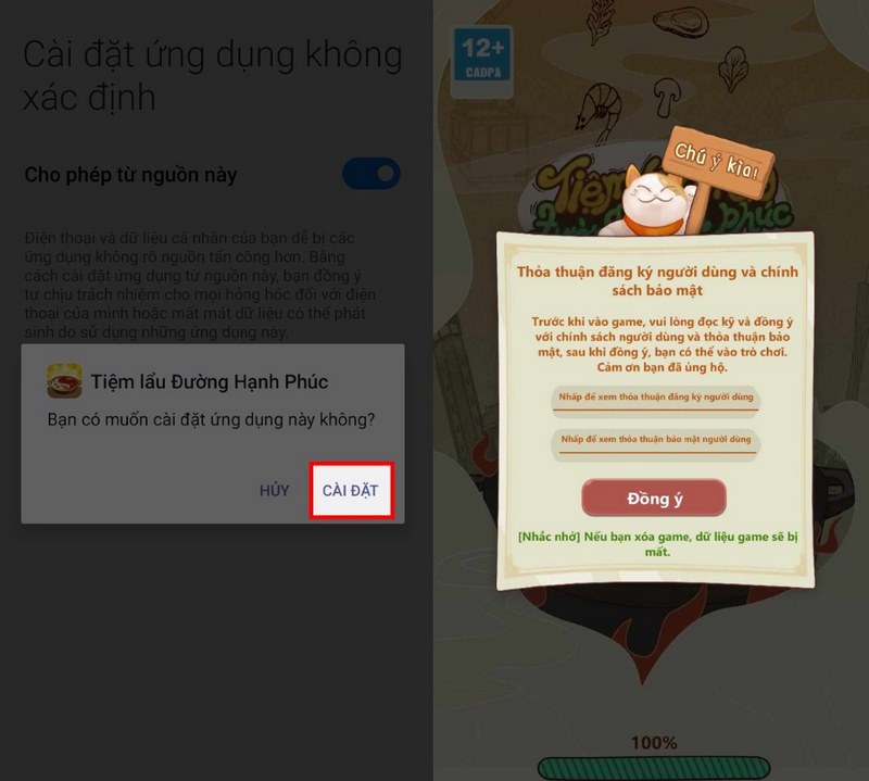 Hướng Dẫn Tải Tiệm Lẩu Đường Hạnh Phúc APK – Mở Tiệm Lẩu Đầy Niềm Vui! 3 Chờ file được tải về và bấm vào ô cài đặt